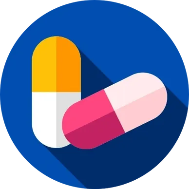 Two capsule pills on blue circular background
